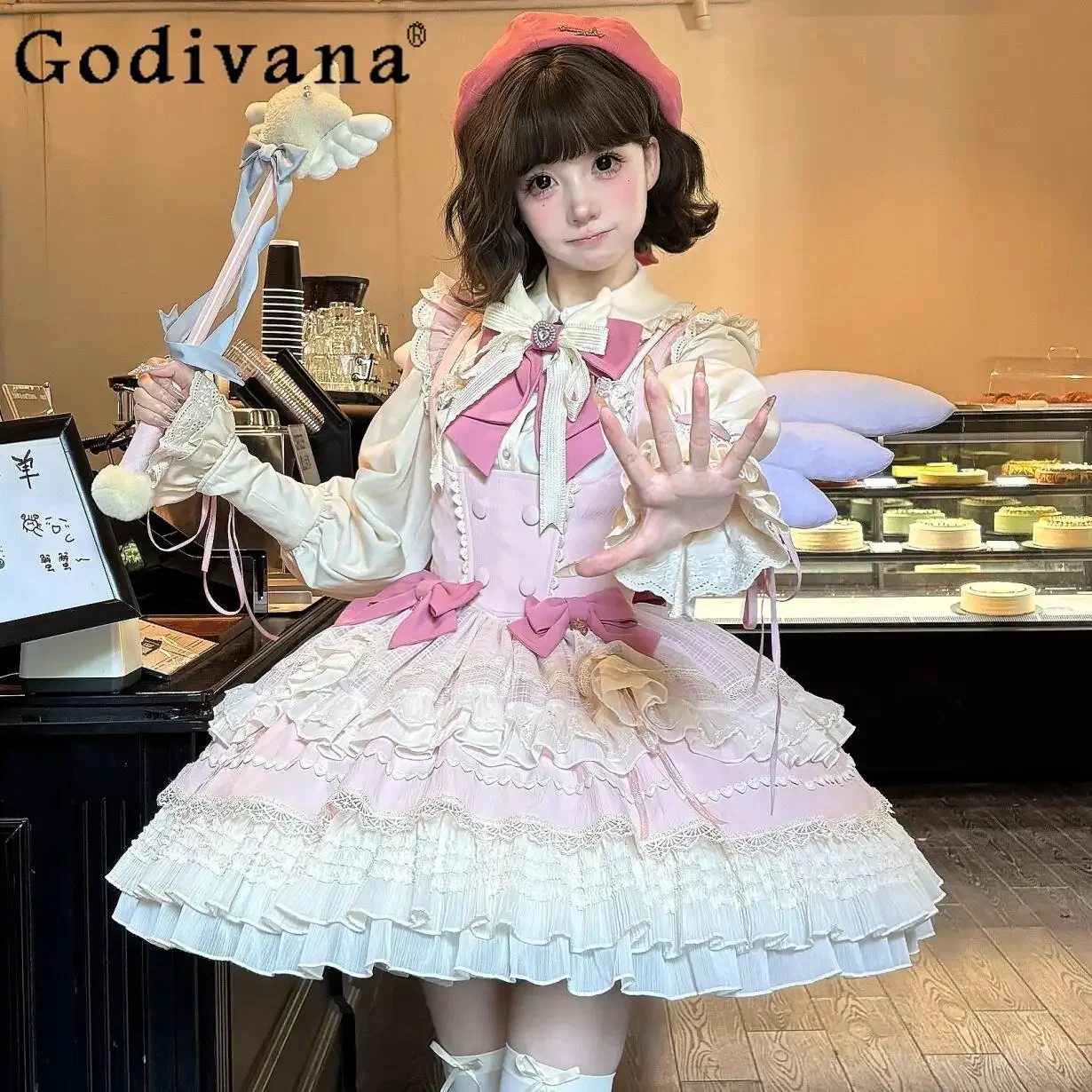 

Original Lolita Dress Women's High Waist Slim Bow Lace Splicing Short Dress Cute Sweet Girls Suspender Dress Long Sleeve Shirts