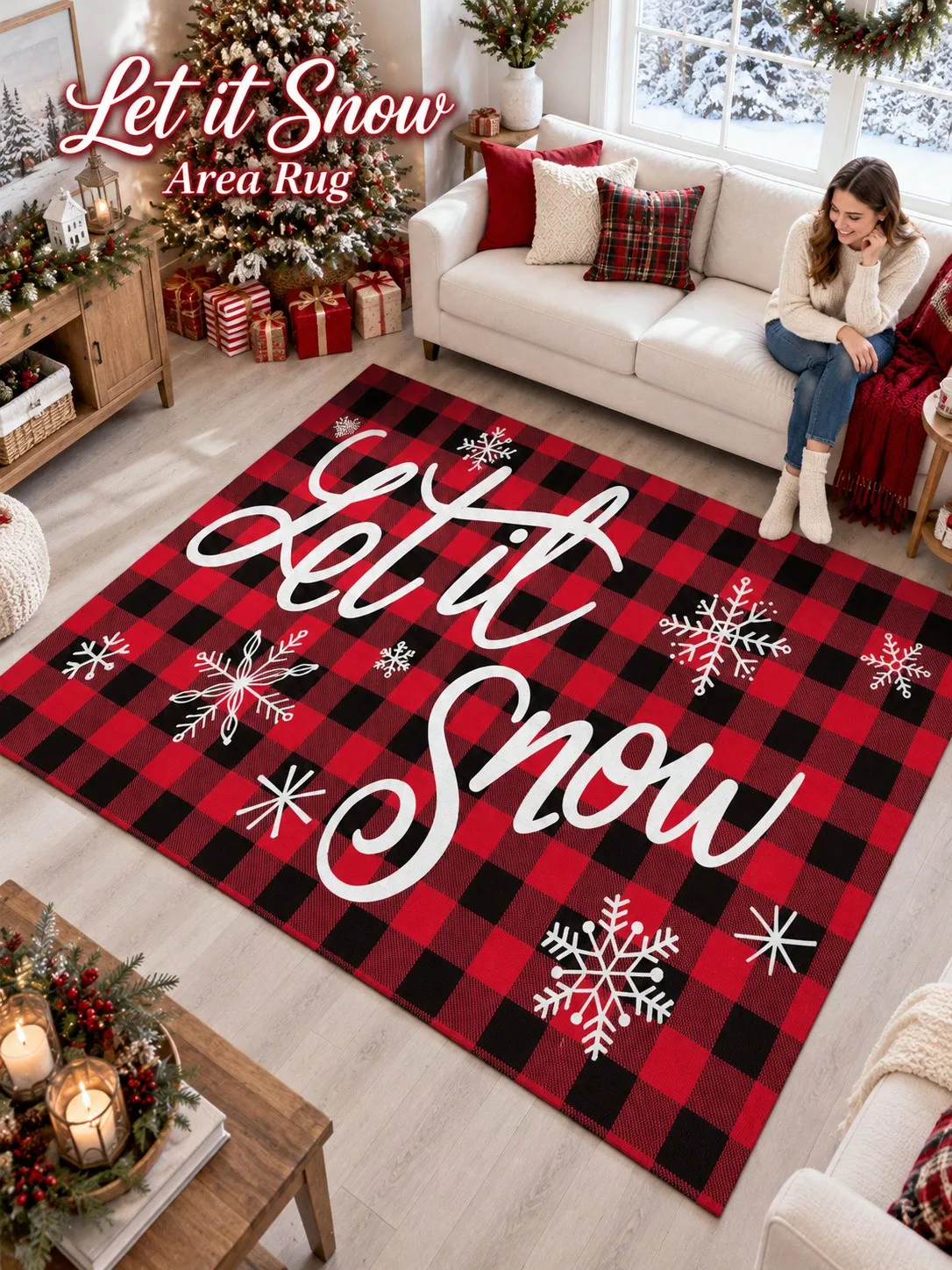 Christmas Rug Plaid Snowflakes Lettering Living Room Bedroom Entryway Hallway Floor Carpet Gift for Family Friends Neighbors Thanksgiving Birthday Anniversary Housewarming Apartment Cottage Home Styling Sofa Side Reading Nook Holiday Gathering