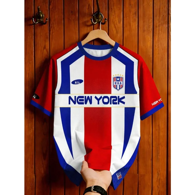 Vertical Color Block Soccer Jersey Shield Badge Letter Print Breathable Athletic Lightweight Fan Shirt for Daily Sports Outfit