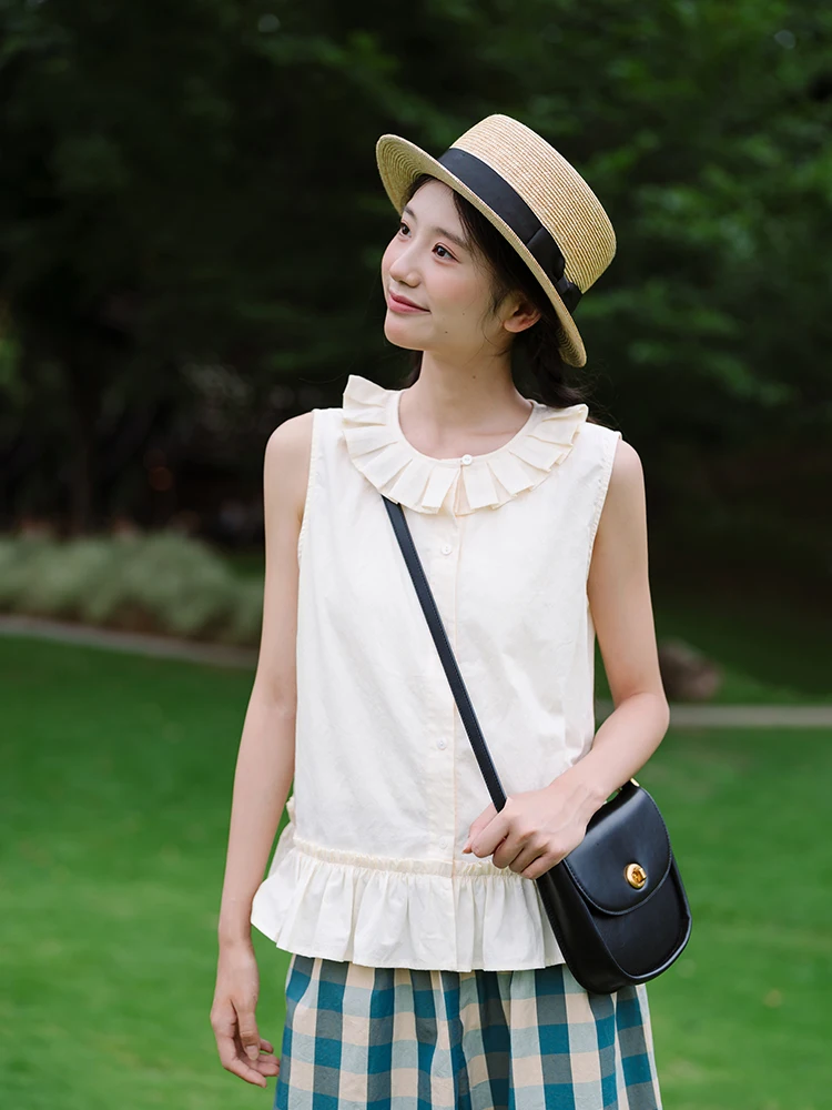 

Kuittai 00% Cotton Embroidered Lace Trim Vest Japanese Early Autumn Sle Beige Floral Patchwork Loose Fit Women's Top