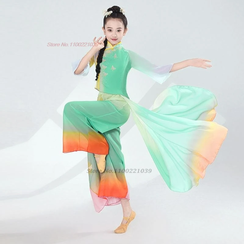 2025年中国風ヴィンテージ子供ダンス衣装蝶プリントグラデーションカラー漢服トップス+パンツセットステージパフォーマンス民族衣装