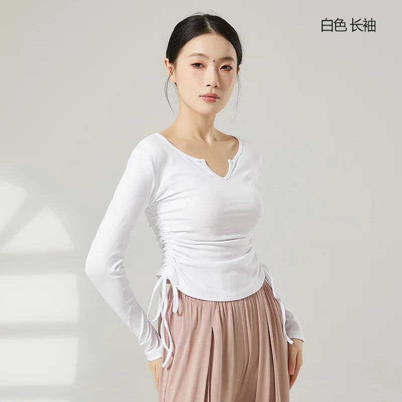 White Blouse for Dancing Women Long Sleeve Shirt Sexy V Neck Modern Classical Dancer Practice Top Stage Drawstring Waist Plus