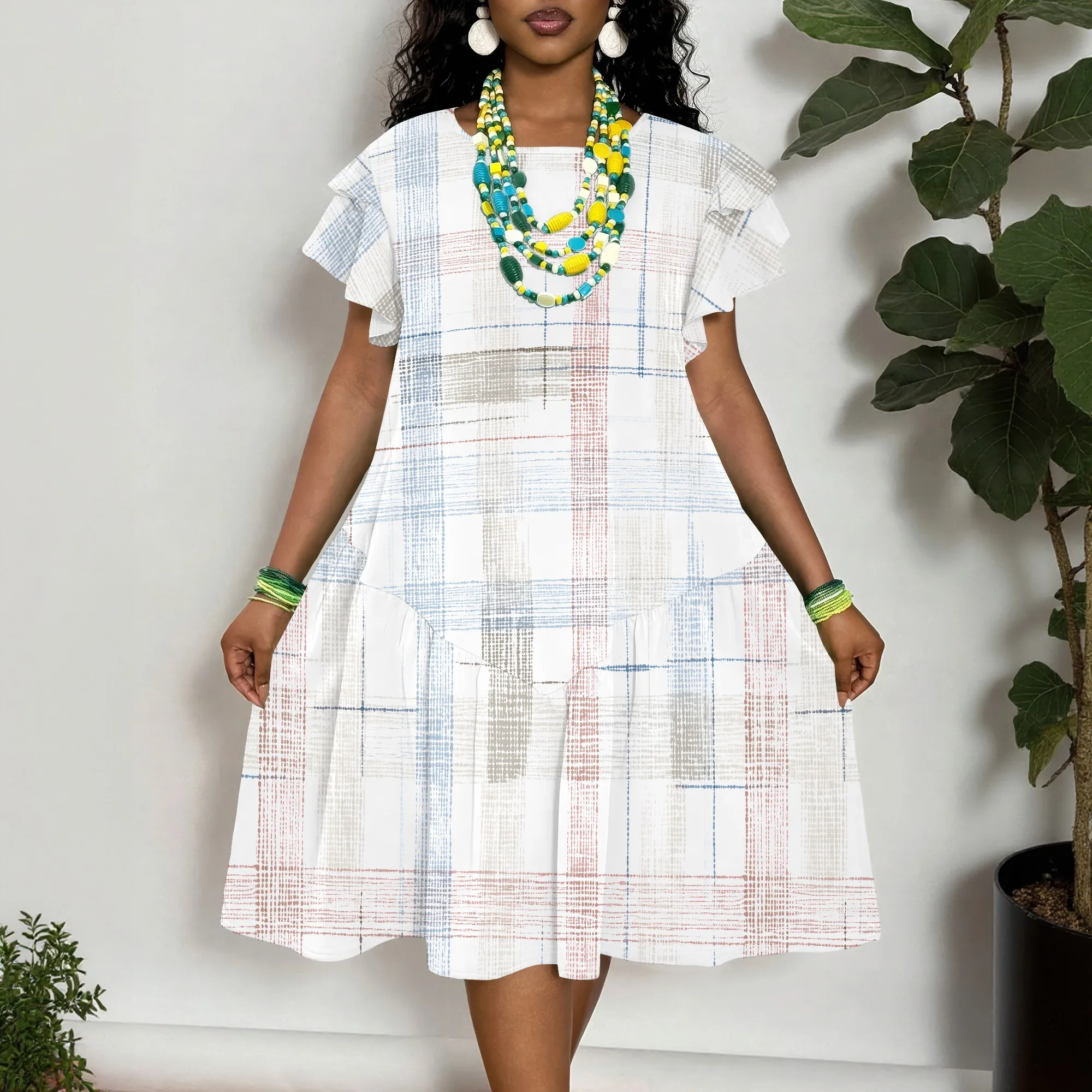 

Women's Plus Size Plaid Print Dress Short Sleeve Ruffle Casual Summer A-Line Midi Dress