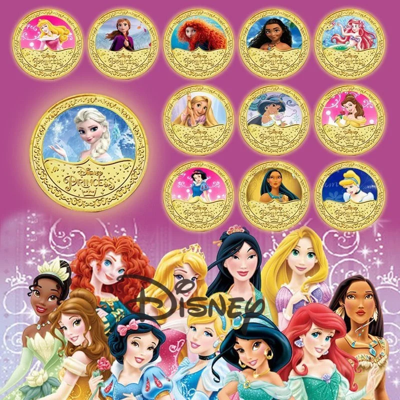 12PCS Kawaii Disney Princess Commemorative Coin Action Anime Snow White Cinderella Sleeping Beauty Collectible Ornaments Gifts