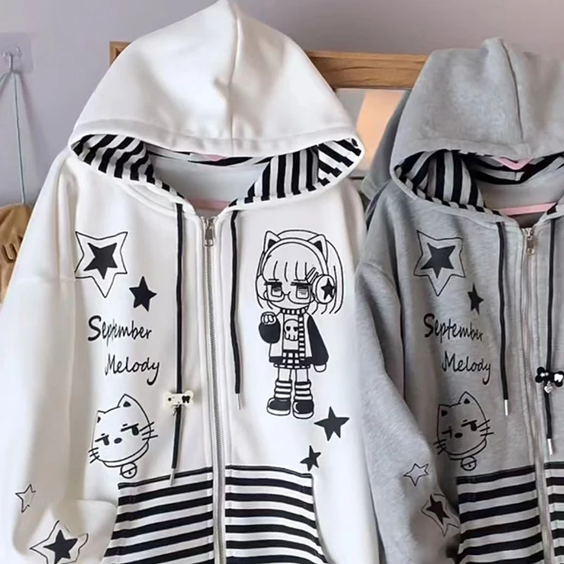 Sweat-shirt à capuche pour femmes, rayé japonais, imprimé de dessin animé Kawaii, sous-culture Y2K, ample, décontracté, fermeture éclair, manches longues, manteaux doux, automne