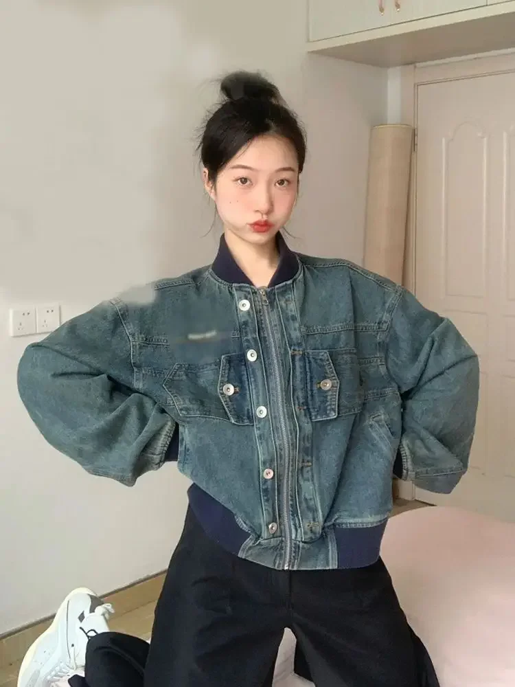 

Denim Jacket With Zipper And Multi-Pocket Design Hong Kong Style Retro Distressed Women'S 2024 Spring New Jacket Short Style