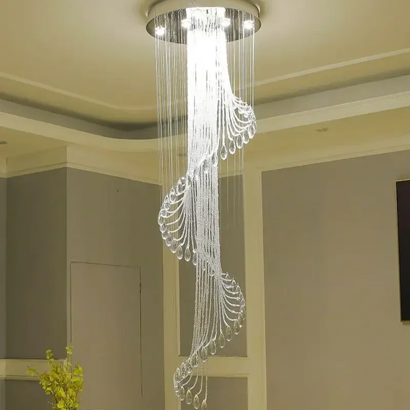 الحديثة الفاخرة كبيرة كريستال الثريا K9 كريستال درج دوامة تركيب المصابيح الإبداعية LED الثريات مصباح فندق فيلا