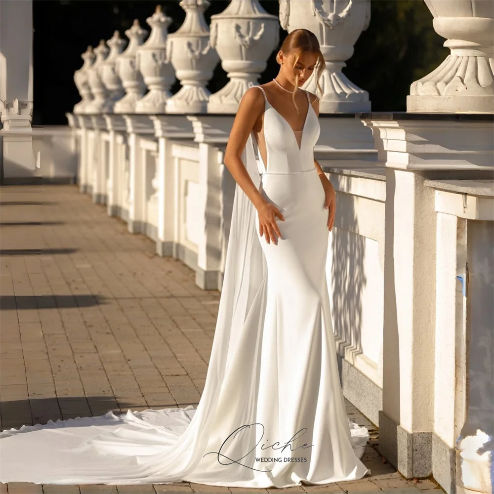 Suknie ślubne QICHE, urocze, z dekoltem w serek, o kroju syreny, na ramiączkach spaghetti, z odkrytymi plecami, suknia ślubna z peleryną, Vestidos De Novia, szyte na miarę.