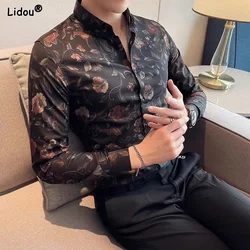 Spring Summer Business Casual Thin Fashion Tops Printing Button Man Floral Turn-down Collar Men's Clothing 2023 Skinny Shirts