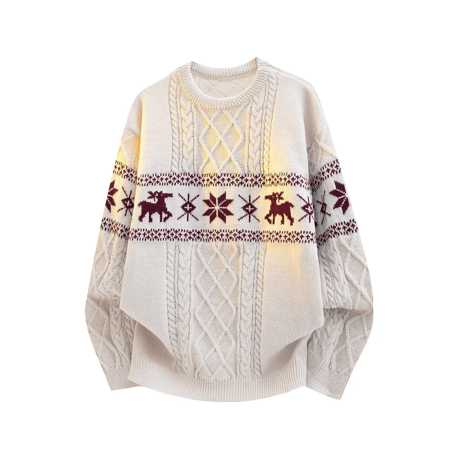 Retro Japanese Style Christmas Red Men's Knitted Sweater Winter Lazy Style Overhead Twist Knitwear Casual Crew Neck Top Couple