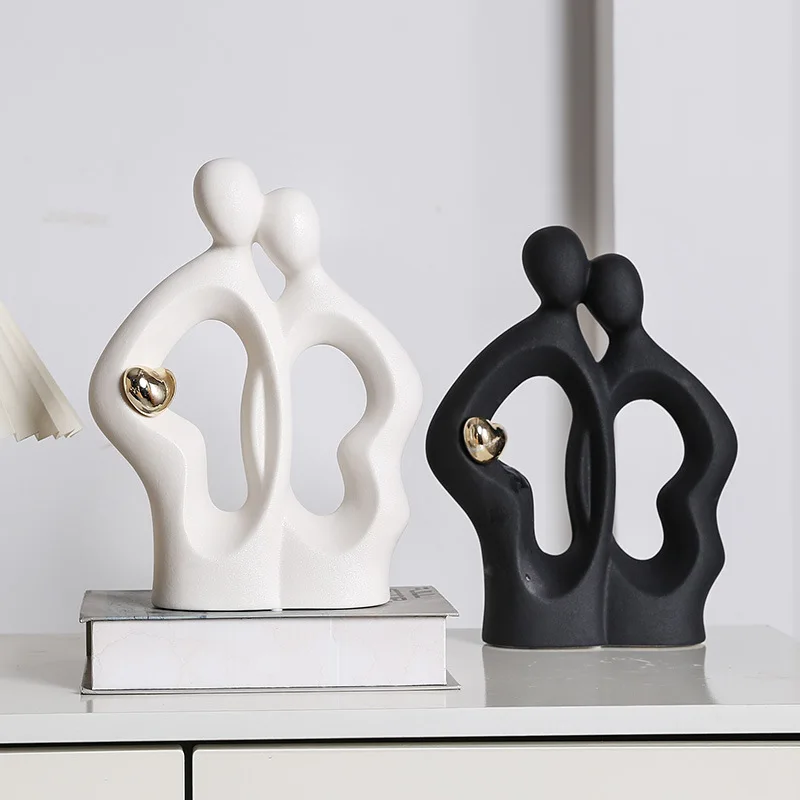 Abstract Human Ceramic Figurine Black and White Couple Small Sculpture Living Room Entryway TV Cabinet Tabletop Decoration Gift
