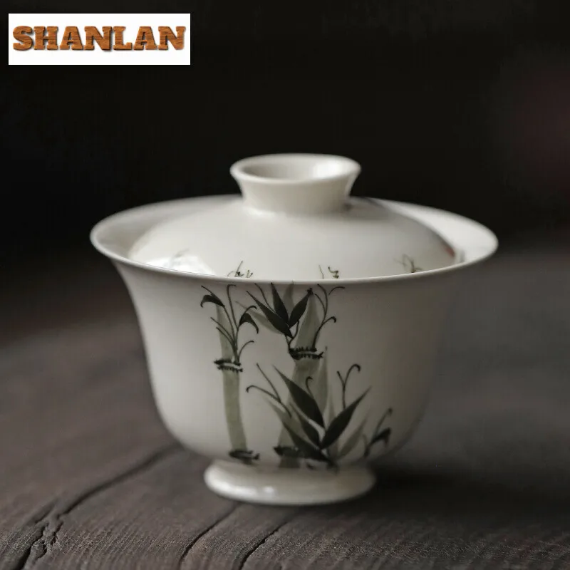 110ml Hand-painted Bamboo Trace Gaiwan High-end White Pottery Tea Tureen Household Tea Maker Cover Bowl Creative Teaware Gift