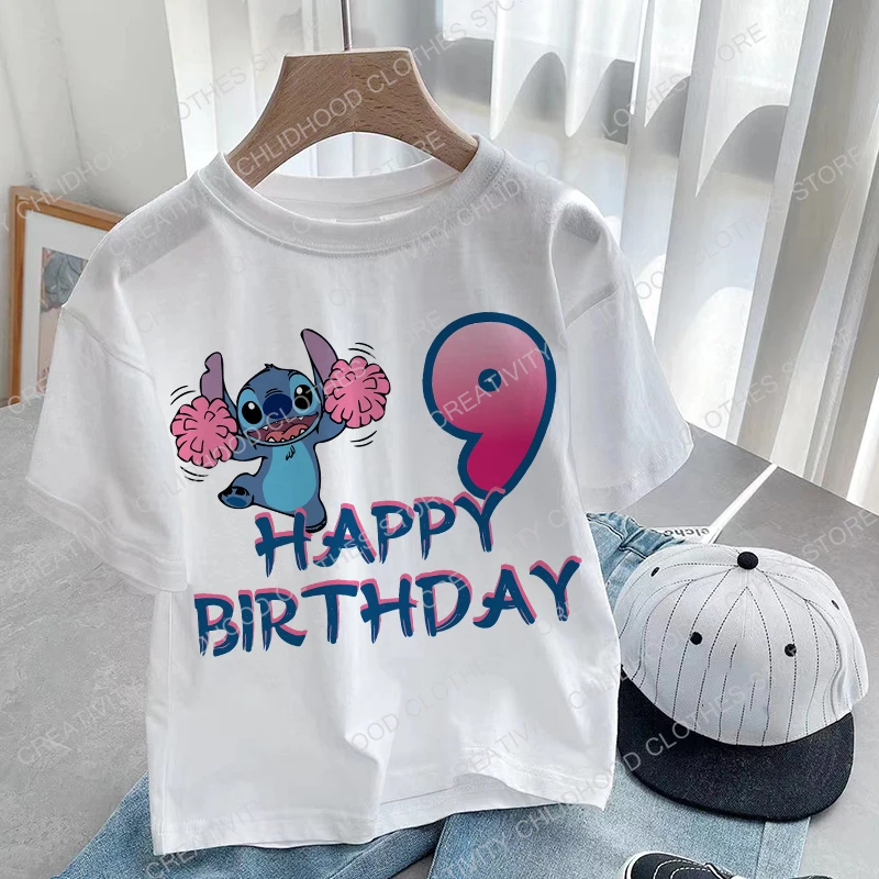 Camiseta de Lilo & Stitch para niños, ropa informal Kawaii con dibujos animados de Anime, número de cumpleaños 1-14, novedad