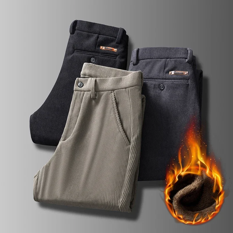 

Autumn Winter Classic Trendy Slim Straight Fleece Casual Pants Korean Fashion Men's Elegant Versatile Warm Pantalones