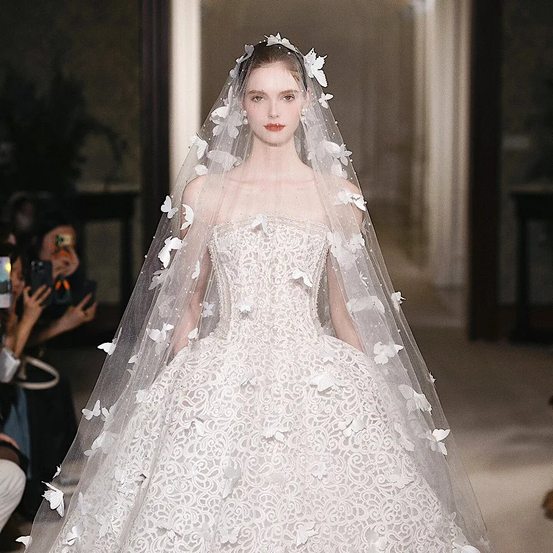 

Luxary 5M One Layer White Butterfly Bridal Wedding Veils Soft Yarn Large Tail Butterfly Head Gauze 3D Butterflies Super Long