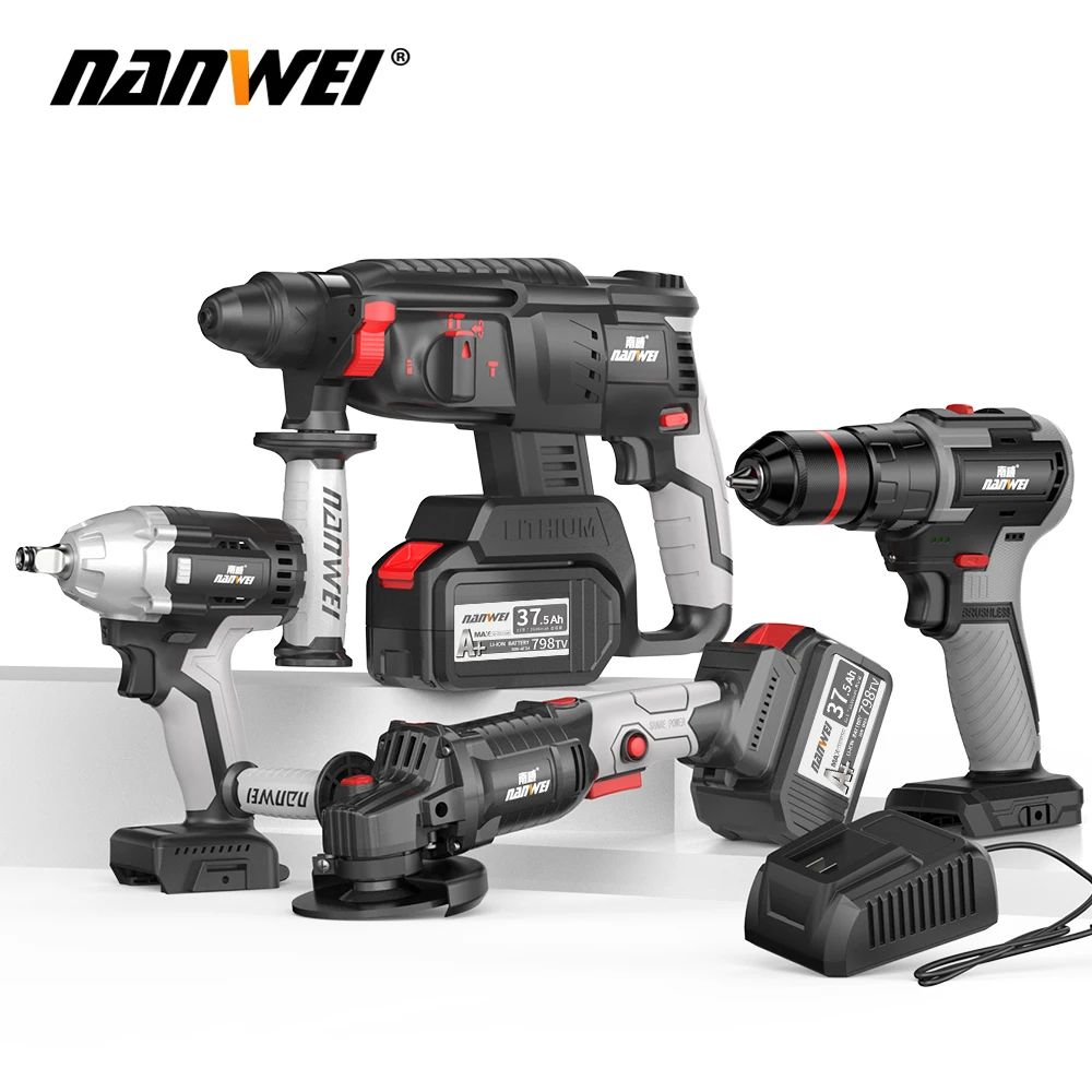 Nanwei-brushless Conjunto de Ferramentas Elétrica Martelo Recarregável Heavy Duty Concreto Broca Impacto Multifuncional Angle Grinder Chave