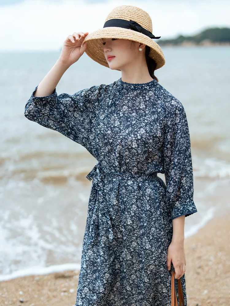 กระโปรงยาวผ้าไหมคุณภาพสูงลายดอกไม้เล็กๆ สไตล์จีน สำหรับผู้หญิง ใส่ทำงาน ดีไซน์ศิลปะ ทรงกลม รุ่น Ne ort Sl...