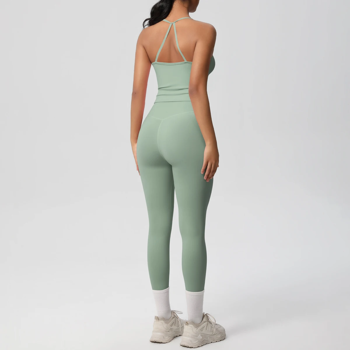 Hochelastisches, sexy, rückenfreies Yoga-Oberteil und -Hose, stoßdämpfendes Lauf-Yoga-Tanktop, einfarbige, schnell trocknende Yoga-Leggings – Detail 14