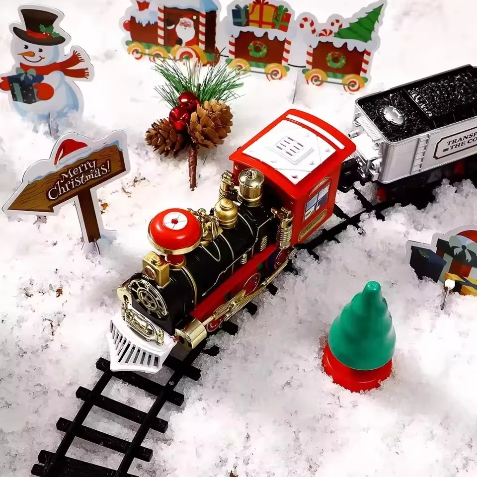 Electric Christmas Train Toys Gifts for Kids Realistic Railway Cars Racing Tracks with Music & Light Christmas Tree Decor Trains