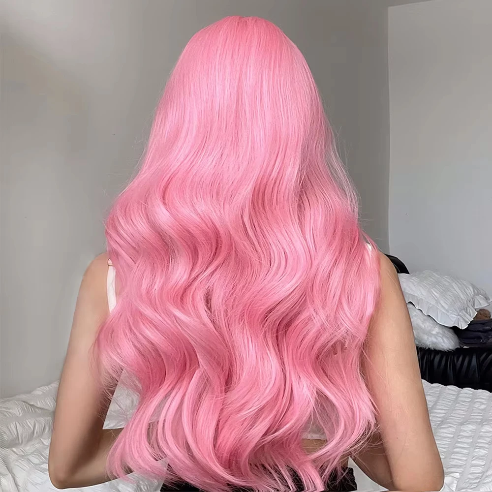 Pink synthetic wig with big waves for Halloween party, cosplay wig, daily wig, high-temperature hair accessory wig set image 2