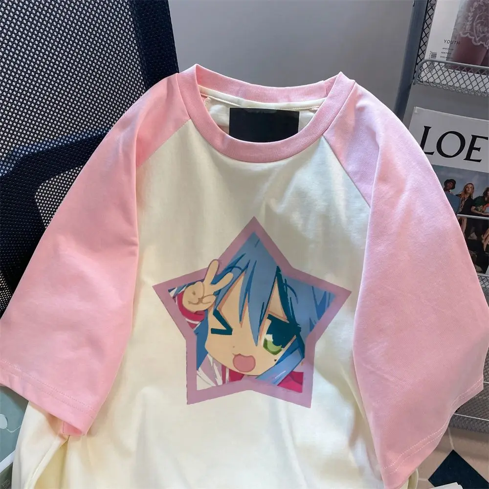 Cute Anime Girl Print Raglan Sleeve T-Shirt, Kawaii Star Frame Graphic Tee, Pink/Red & Beige Color Block Casual Tops Sweet Girls