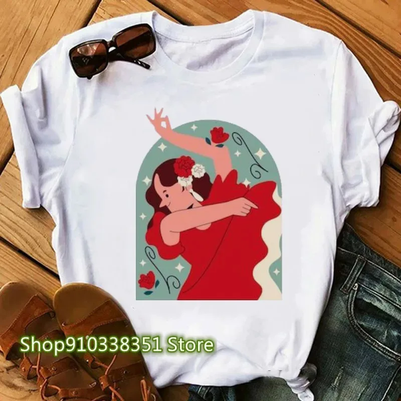 Women T Shirt Flamenco Art Print T Shirt Dancing Shirt for Lady Yong Girl Tee Tops Fashion T-shirt Harajuku White Short Sleeve