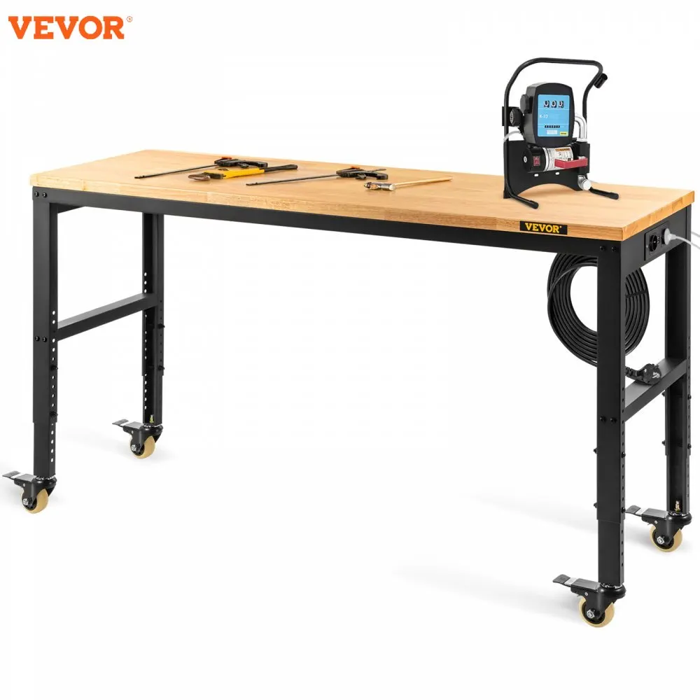 Vevor Heavy-Duty Workbench  Adjustable Height Oak Wood Hardwood Top Work Table Capacity for Office Home Workshop