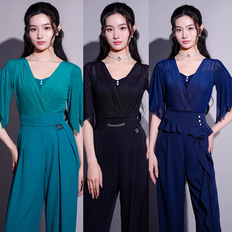 

3 Colors Ballroom Dance Competition Top Women'S Short Sleeves Modern Dance Tops Adults Rumba Latin Dance Training Wear SL15100