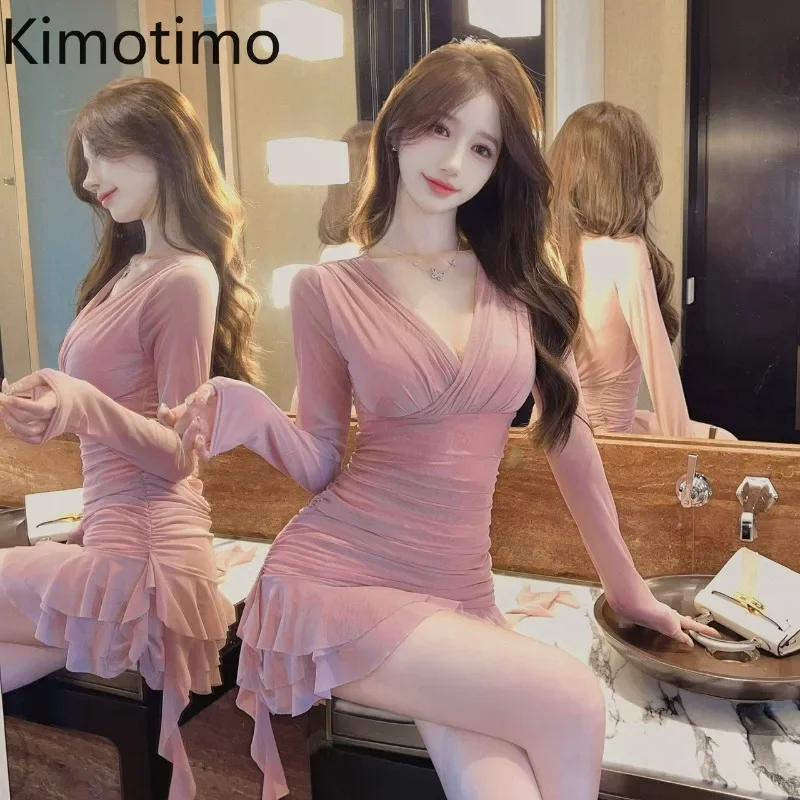 Kimotimo Sexy Y2k Mesh Ruffled Mini Dress Women Korean Temperament V Neck Long Sleeve Folds Waist Slim Short Night Party Dresses