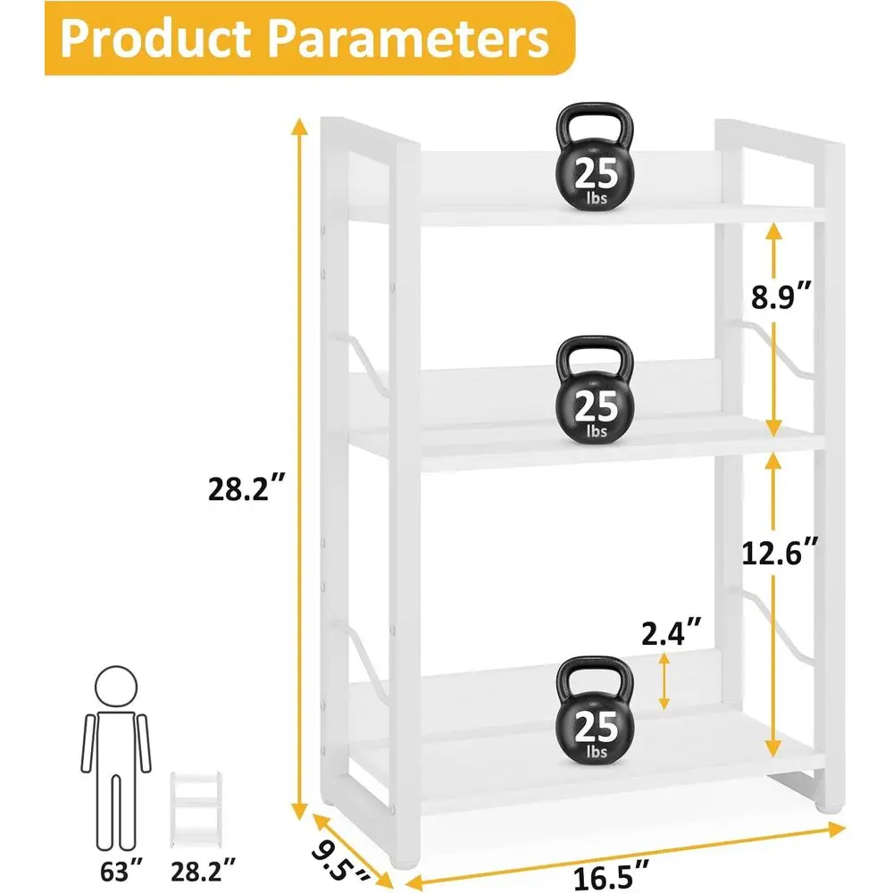 رف كتب صناعي خشبي مكون من 3 طبقات - رف تخزين معدني وخشبي أبيض للمكتب المنزلي وغرفة المعيشة وغرفة النوم #3