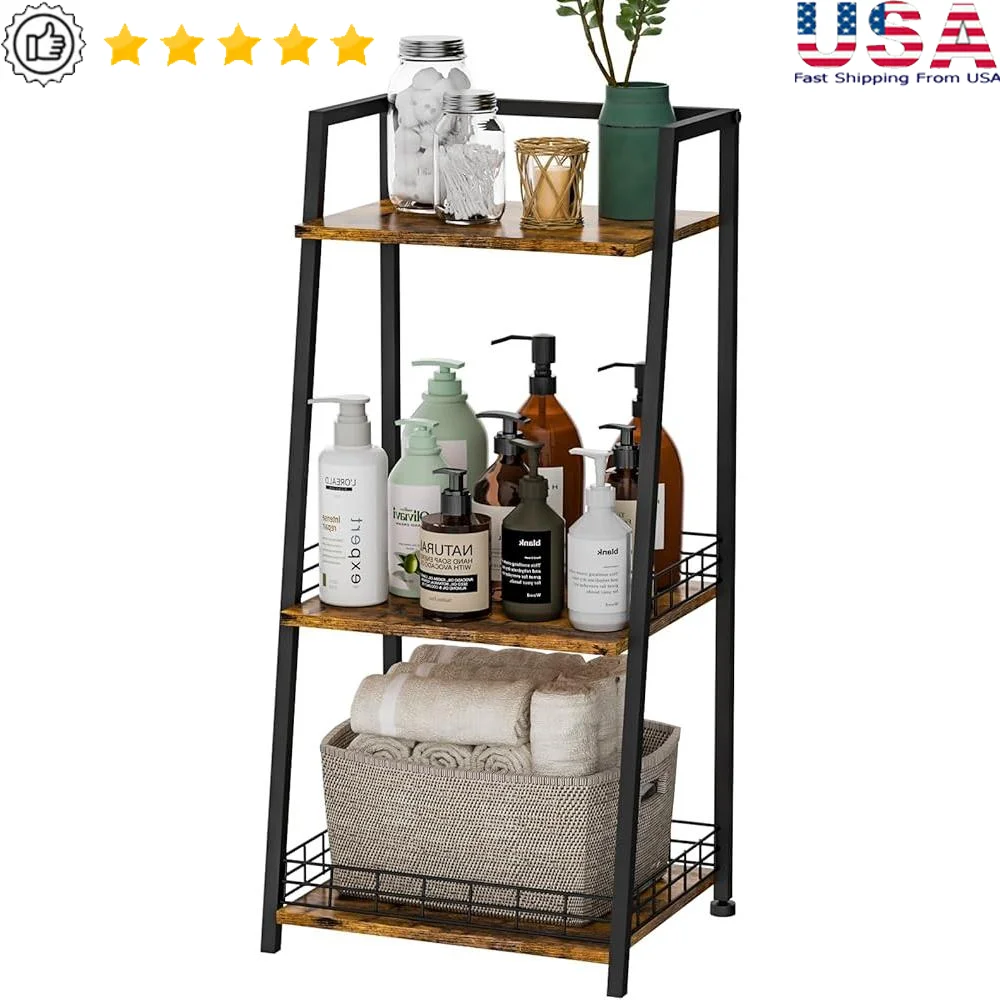 

3-Tier Bathroom Shelf Freestanding Storage Organizer Wood Shelving Unit with Metal Frame Bathroom Laundry Kitchen Living Room