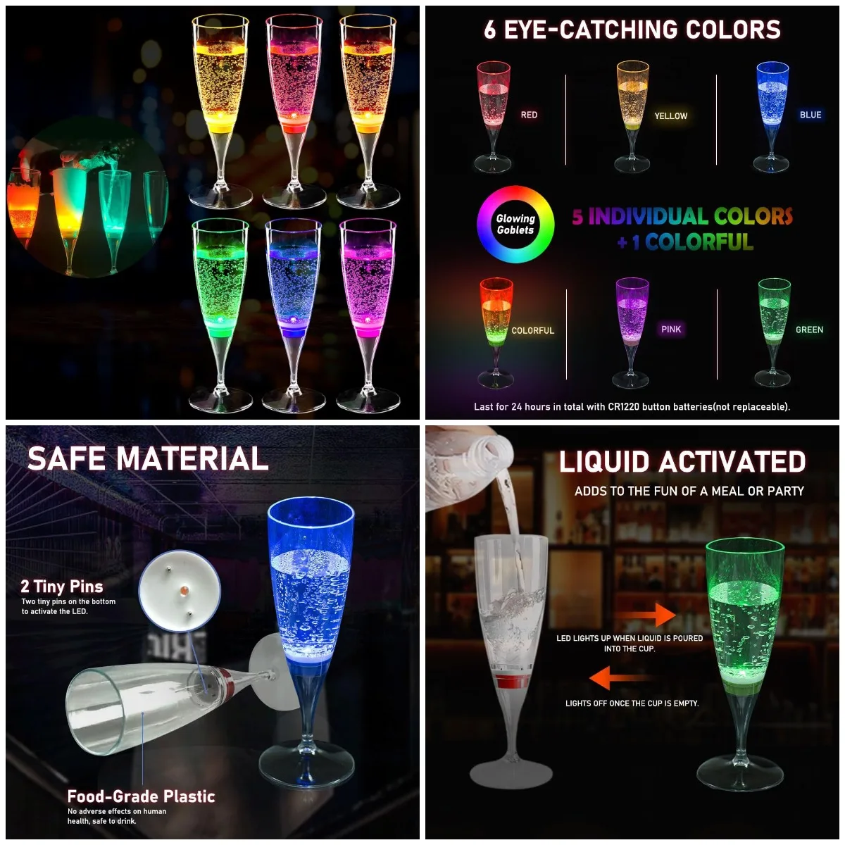 

LED Champagne Flutes (Set of 6, Multi-Color), Light-Up Wine Glasses for Christmas, Halloween, Wedding Party Gifts