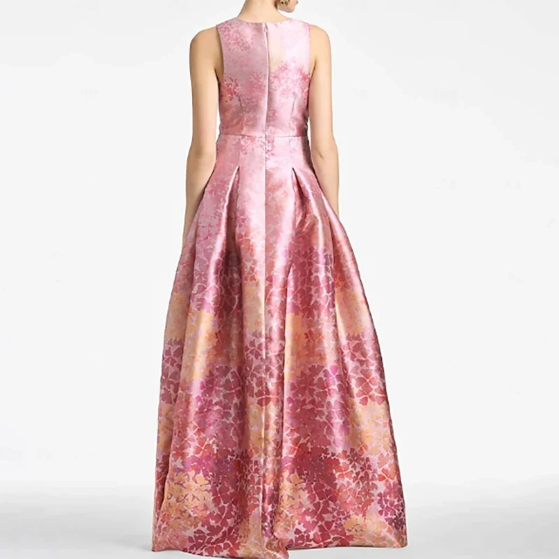 Schickes Satin-Abendkleid mit V-Ausschnitt und abstraktem Muster, ärmellos, A-Linie, formelle Abendkleider, Geburtstagsfeier, Ballkleider, individuell gestaltet