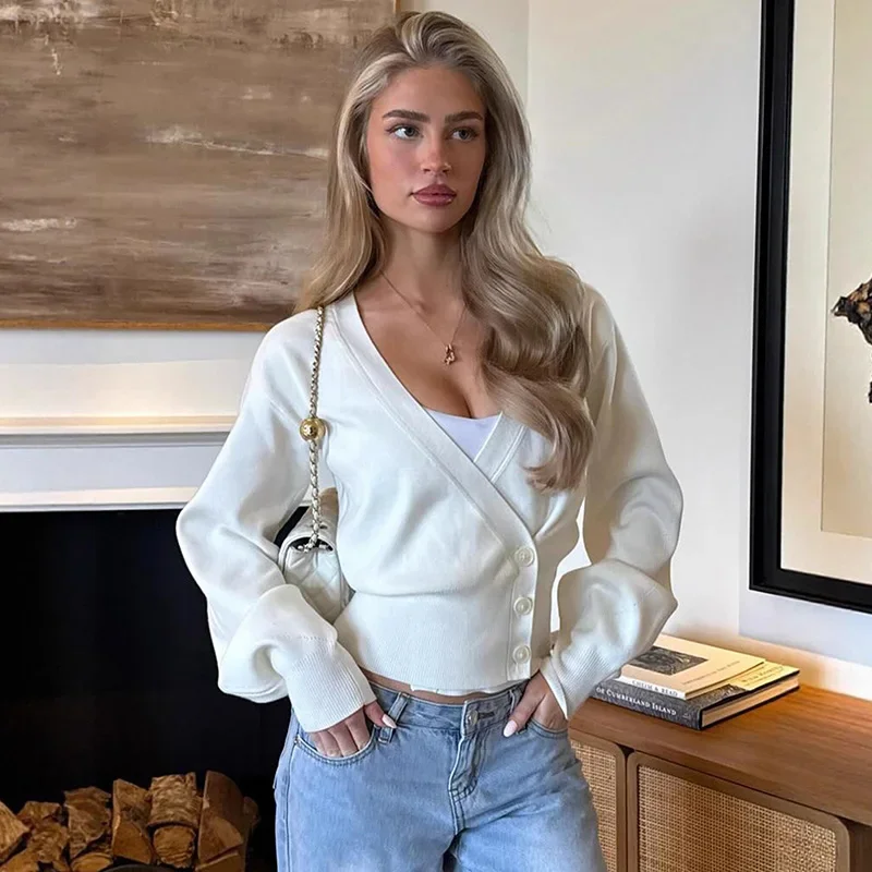 

Solid Waist-closing Sweater Cardigan Woman Side Button V Neck Knitted Sweater Long Sleeve Slim Fashion Autumn Pullovers