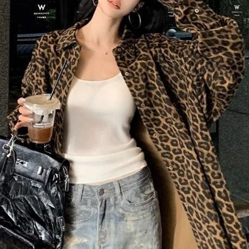 Abbigliamento donna Camicia vintage con stampa pied de poule leopardata Casual Streetwear Camicetta oversize Y2K Harajuku Top a maniche lunghe irregolari