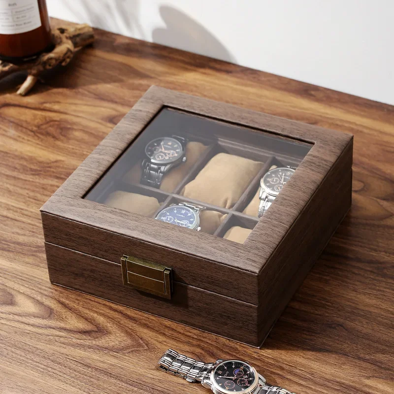 

Кожаные деревянные часы, шкатулка для драгоценностей, чехол для хранения, 6 слотов, двухрядная прозрачная крышка, подарочный витрина для часов