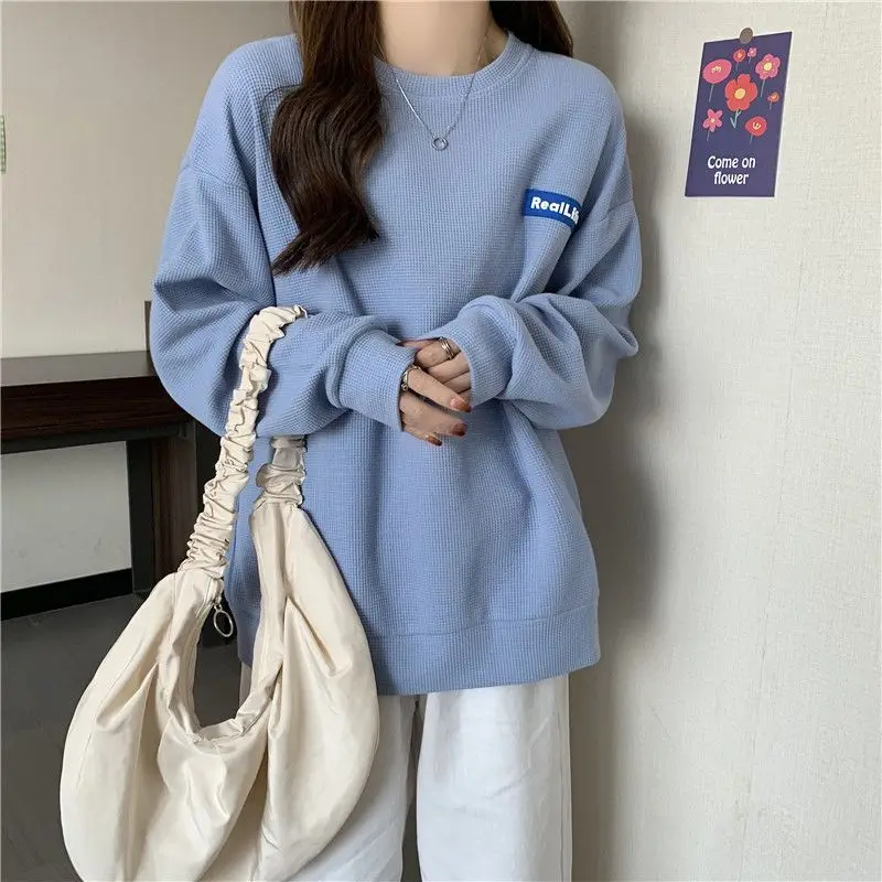 

Textured Waffle Round Neck Pullovers Women's Clothing Korean Long Sleeve Spring Autumn Stylish Letter Patch Designs Sweatshirts