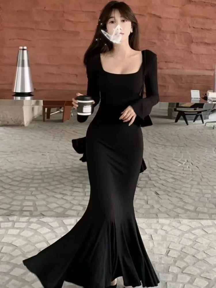 

Autumn Fashion Maxi Dress Women Long Sleeves Square Collar Spring Korean Style Slim Fit Mermaid Elegant Basic Thin Vestidos 2023