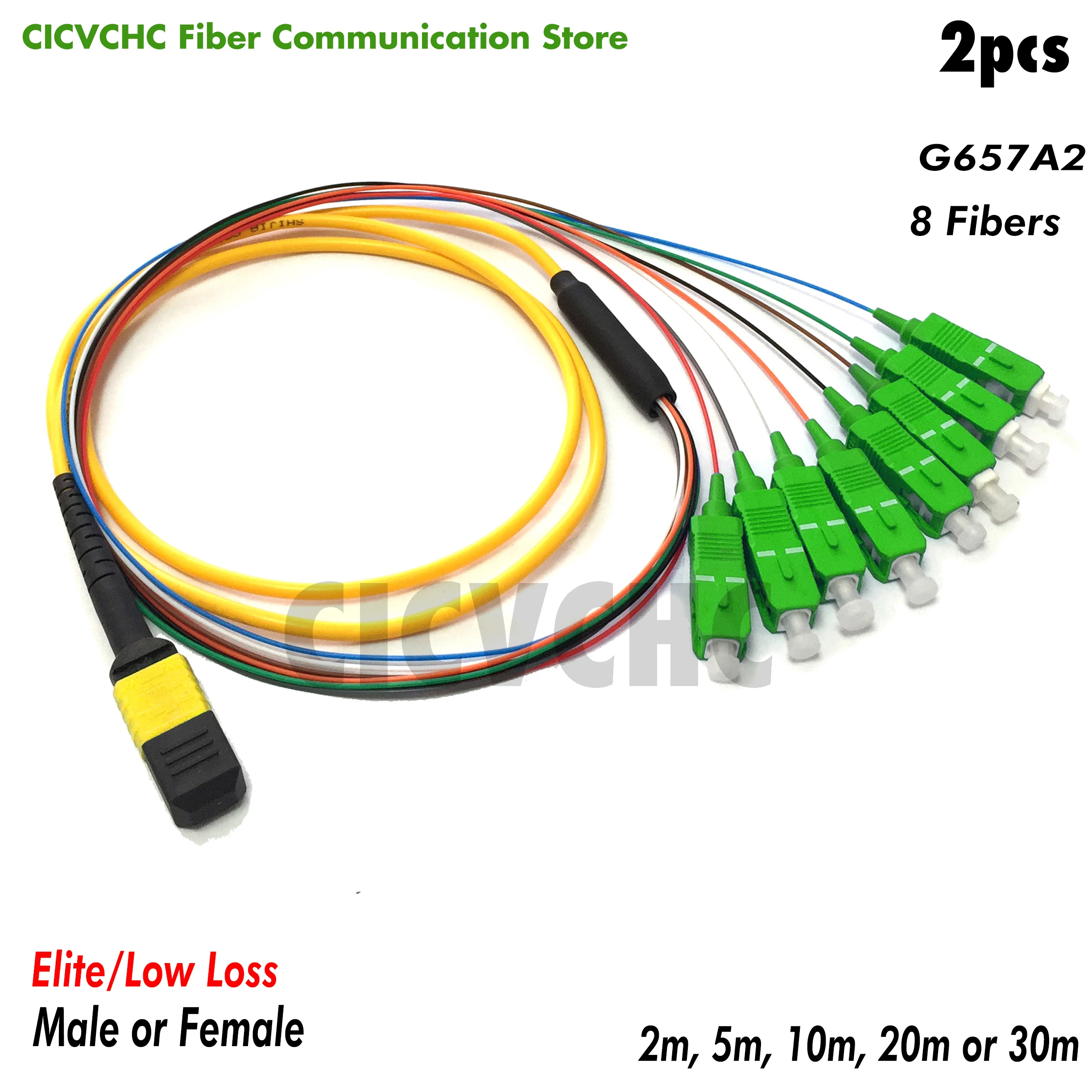 

2pcs 8 fibers-MPO/APC Fanout SC/APC -G657A2-Elite/Low loss-Male/Female with 0.9mm-2m to 30m/MPO Assembly