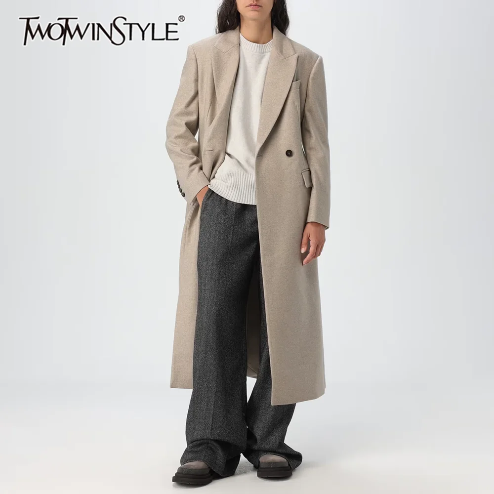 

TWOTWINSTYLE Solid Slimming Spliced Button Minimalist Coats for Women Lapel Long Sleeves Temperament Coat Female Clothing New