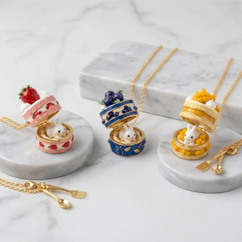 Cute 3d Openable Fruit Cake Bunny Pendant Necklace Gold Plated Brass Clavicle Chain With Mini Fork Spoon Charms Gift For Women