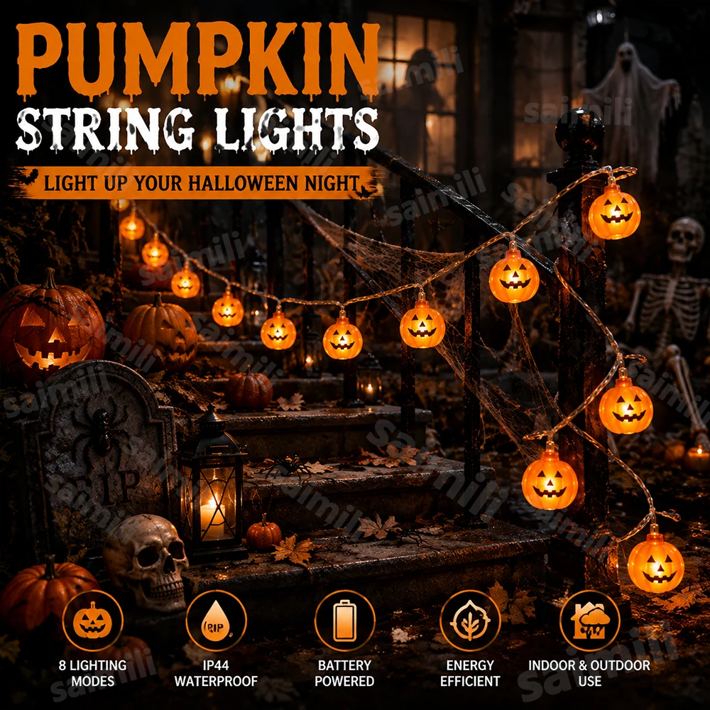 Home Decor Lighting Tricks - Warme oranje Halloween-pompoen-lichtslingers, op batterijen, voor