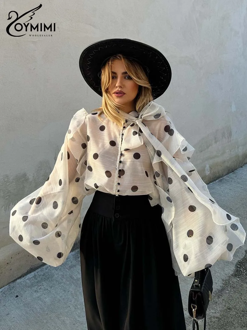 Oymimi بلوزات نسائية بيضاء مطبوعة أنيقة برباط وأكمام منتفخة بلوزات مكشكشة للخريف بلوزة فضفاضة غير رسمية واحدة الصدر #2
