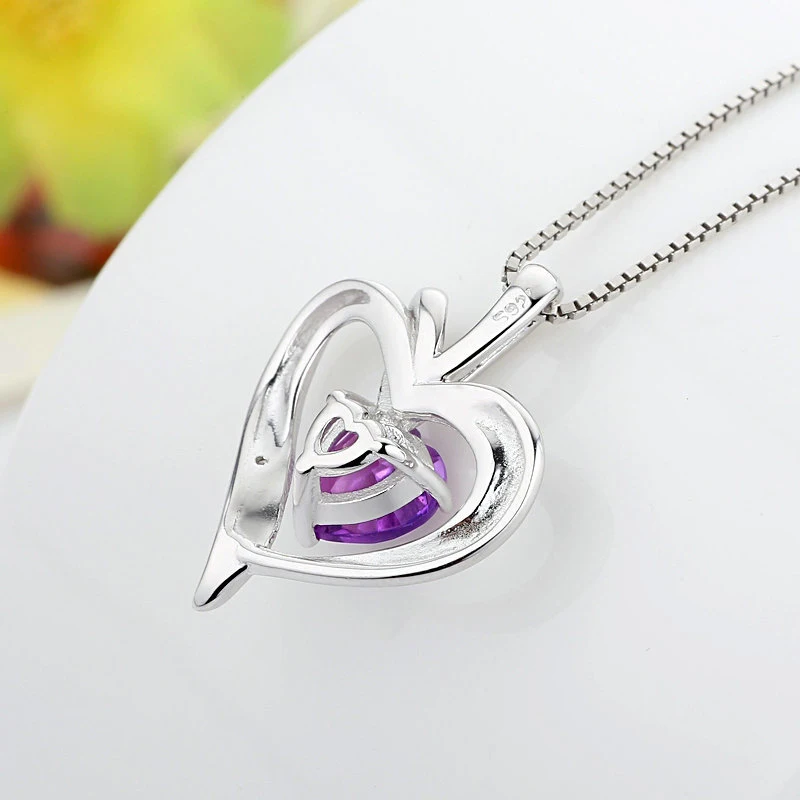 New Fashion 925 Sterling Silver Jewelry Fine Purple Zircon Heart Pendants Neckalce CZ Clavicle Chain Women&Girl Anniversary Gift