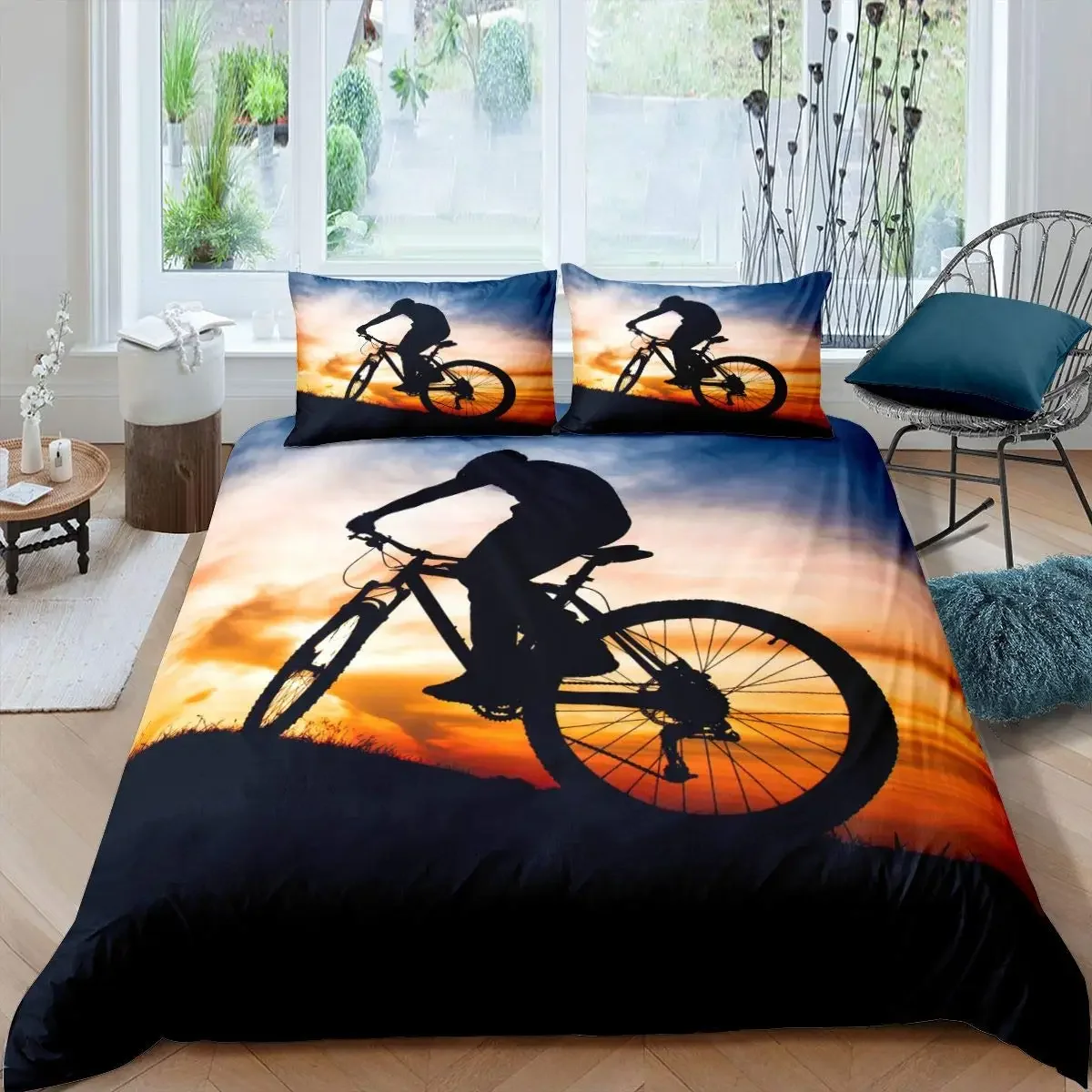Bicycle Rider Duvet Cover Toddler Size for Kids,Mountain Bike Bedding Set for Teens Adults,Watercolor Quilt Cover