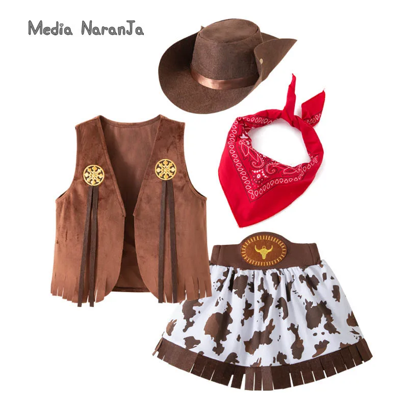 Western Cowboy Set Girls Festival Halloween Purim Vest skirt Set Performance Costume 4-piece Set with Hat