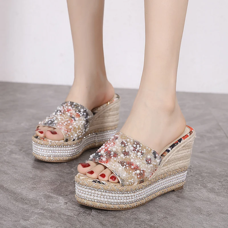 

Woman Pink Shoes Wedges Platform Sandals Summer Pearl Beach Slippers 10cm Wedge Heels Sandal Girl 2025