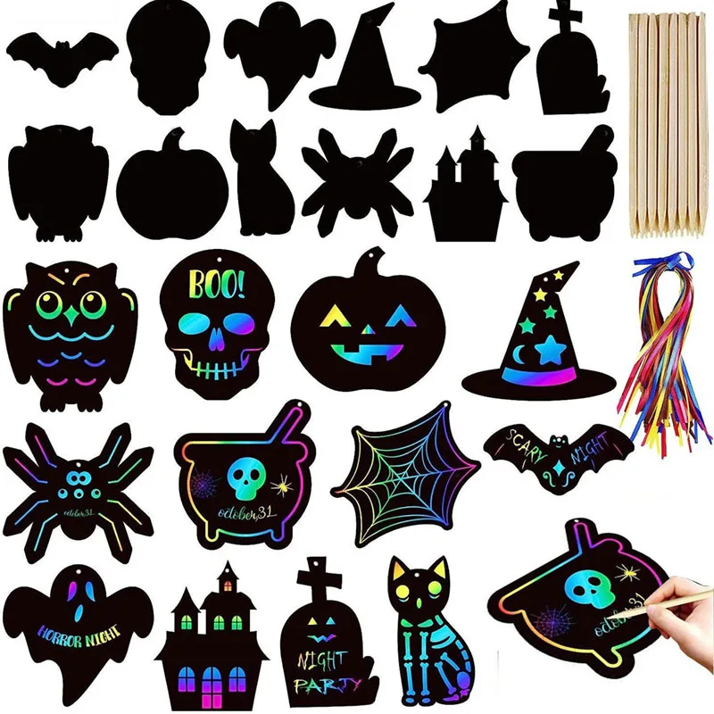 2025 Halloween Cartoon  Children's Scratch Paper Handmade Creative Scribble Painting  Special-shaped Colourful Scratch Paper DIY