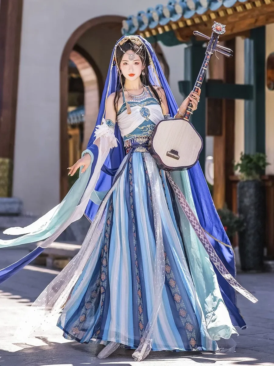 Princess of Tianzhu Original Dunhuang Exotic Customs Hanfu Soft Female Western Region Goddess Dance Full Set 7PCS Blue Orange