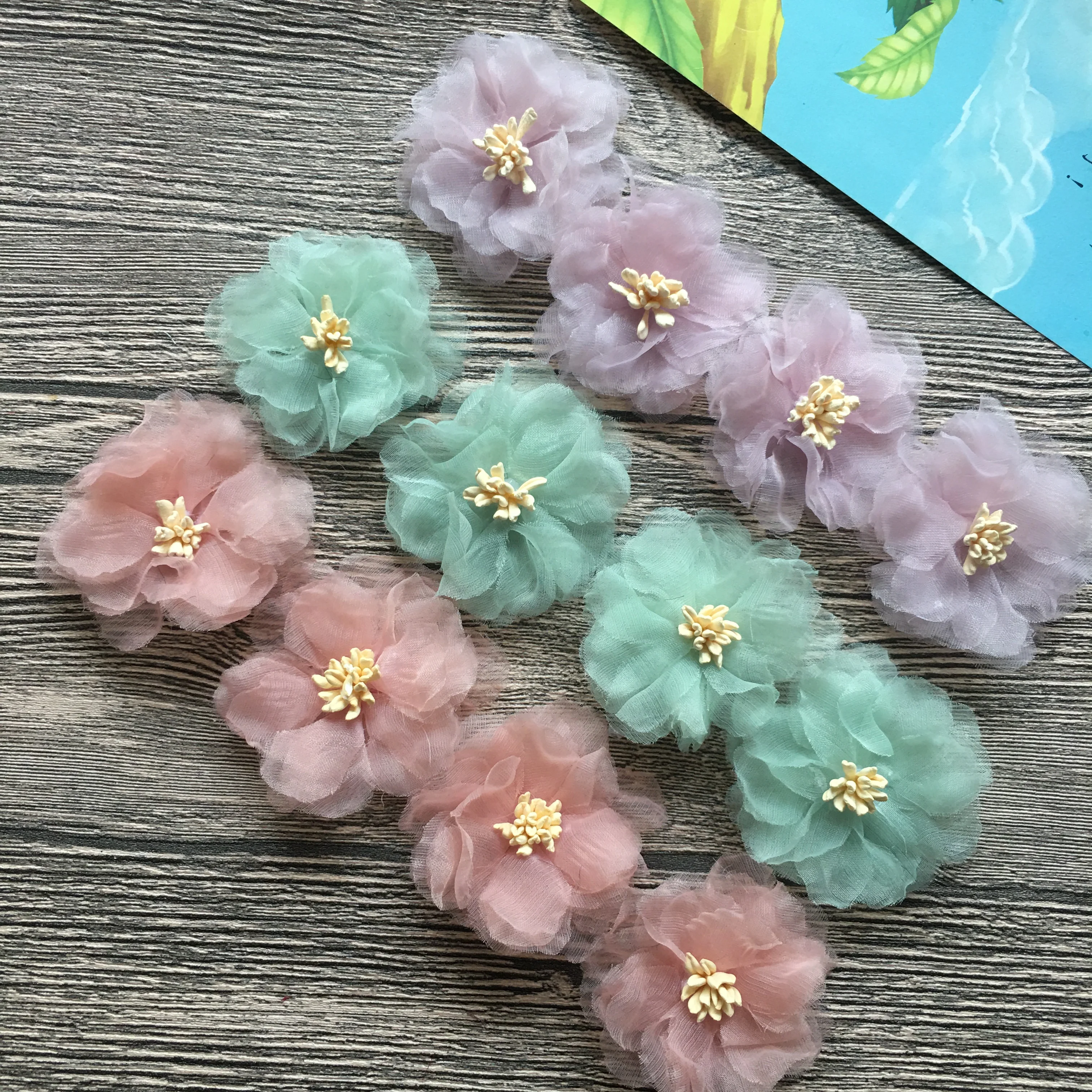 Organza Lace Flower For Baby DIY Accessories 2.0 Inch Fabric Flower Flat Back Handmade Art Flowers